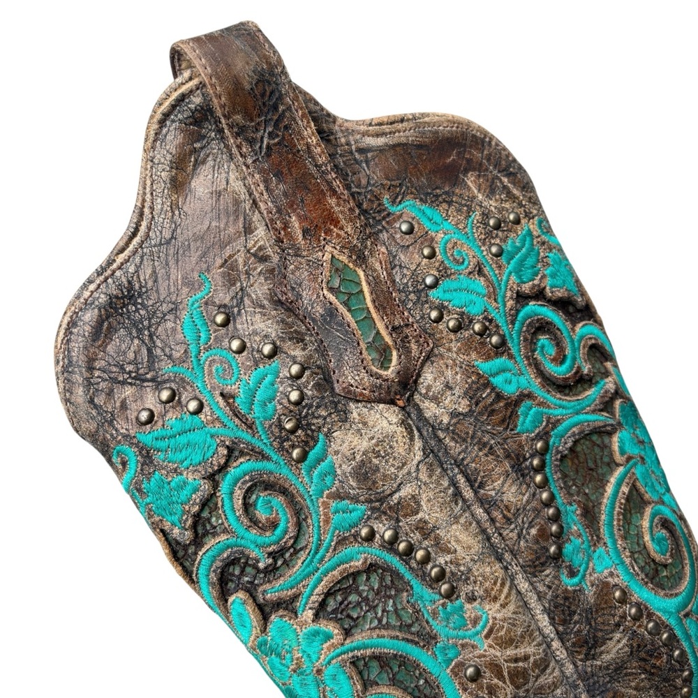 CORRAL Boots Dark Antique Saddle Floral  Turquoise Inlay & Studs 6.5 - Picture 10 of 16